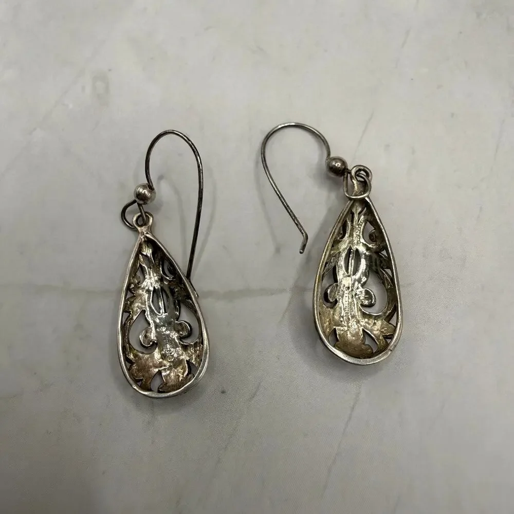 Vintage 1990s SU Sterling Silver Openwork Teardrop Dangle Earrings